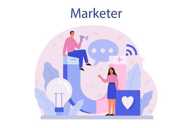 Marketeer. reclame- en marketingconcept. bedrijfsstrategie en communicatie met een klant.