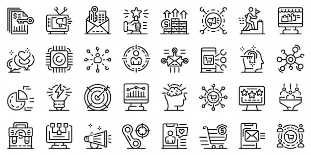 Marketer icons set, outline style