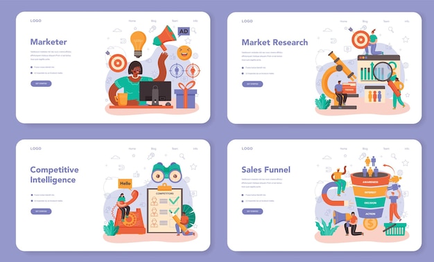 Marketer web banner or landing page set. Brand or product advertising and promotion. Specialist developing marketing strategy and communucation with a customer. Flat vector illustration