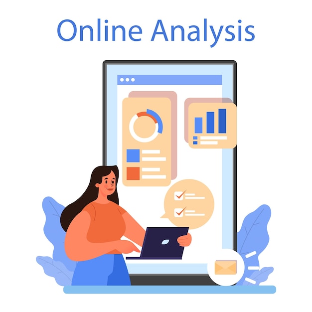 Vettore servizio o piattaforma online di analisi di marketing ricerche di mercato ed elaborazione dati promozione aziendale sviluppo del mercato analisi online illustrazione vettoriale piatta