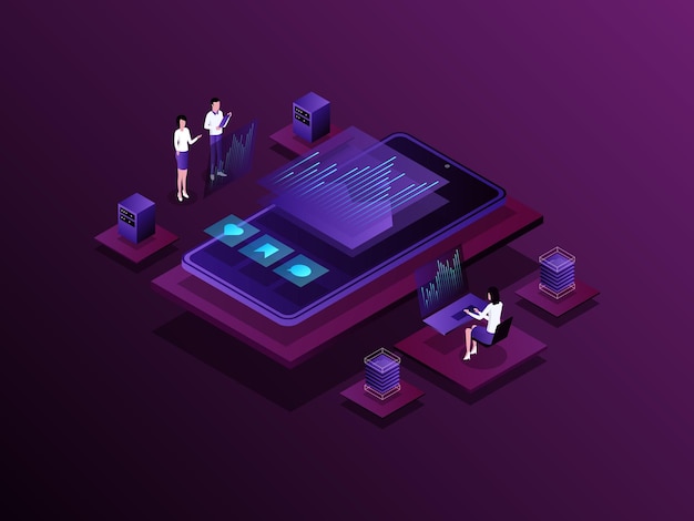 Marketing analytics Isometric Illustration Dark Gradient Suitable for Mobile App Website Banner Diagrams Presentation and Other Graphic Assets