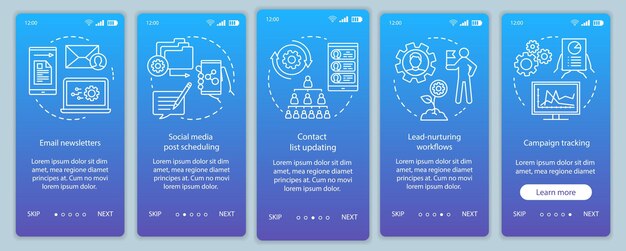 Marketing automation blue onboarding mobile app page screen vector template