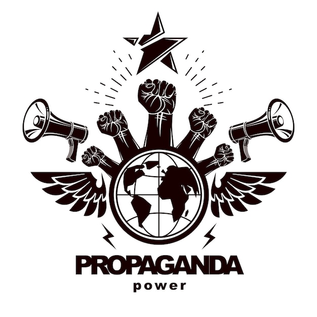 Marketing banner composed with loudspeakers, raised clenched fists and Earth planet, vector illustration. Propaganda as the means of influence on global public opinion.