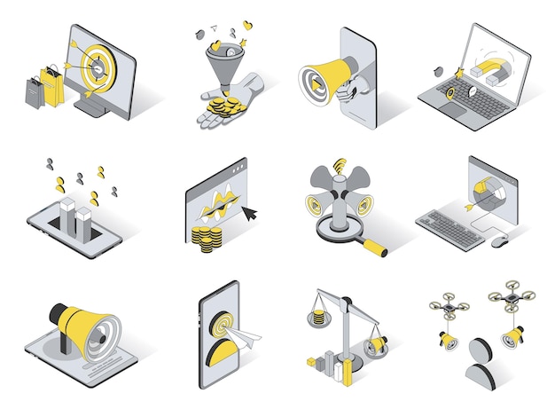 Вектор Маркетинговая концепция 3d набор изометрических иконок пакет элементов изометрического дизайна целевой рекламы