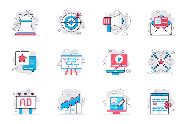Marketing concept flat line icons set Successful business promotion strategy for mobile app