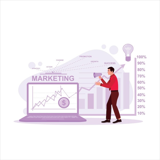 Marketing concept Manager holding a microphone analyzing the marketing process with graphs