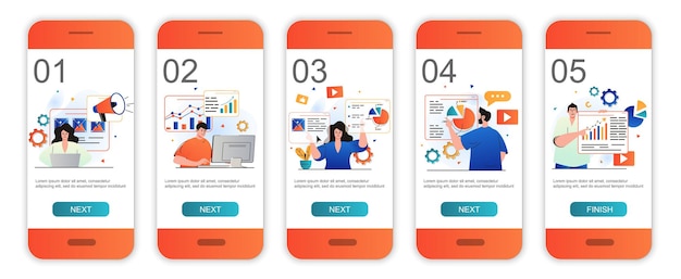 Marketing concept onboarding screens for mobile app templates Business promotion data analysis