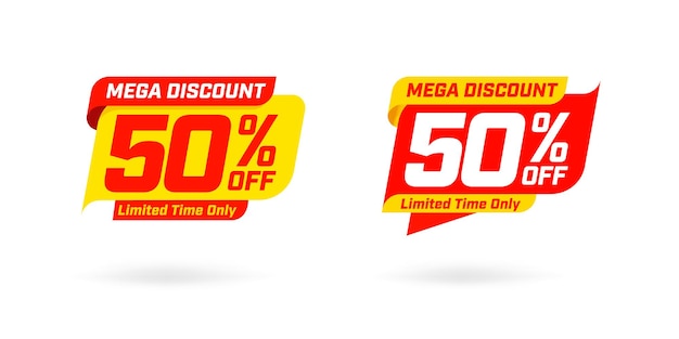 Marketing deal sale tag giving super offer on half price. Yellow red mega discount 50 percent off limited time only label  set