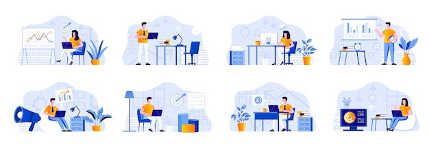 Marketing department bundle with people characters. Marketers working with laptops and doing presentation with diagrams in office situations. Marketing research and analysis flat illustration.