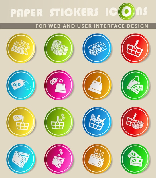 Marketing en e-commerce vectorpictogrammen op stickers van gekleurd papier