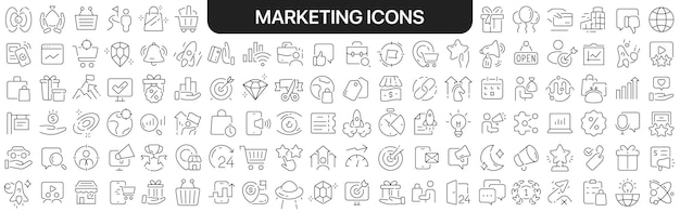 Marketing iconen collectie in zwart pictogrammen grote set voor ontwerp vector lineaire iconen