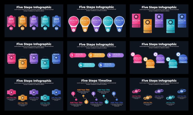 Vector marketing infographic elements or template bundle for presentation slide with dark theme