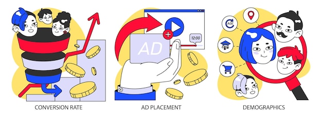 Vector marketing metrics set increasing conversion rates strategic ad placements and analyzing demographics