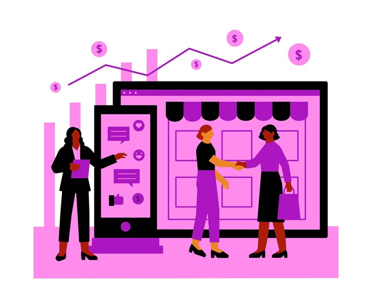 Vector marketing online concept in flat design businesswoman and businesswoman discuss marketing strategy
