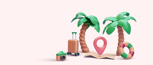 Vector marketing poster in 3d style with palm tree map pointer suitcase camera rubber ring vector illustration