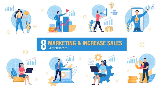 Marketing and sales increasing vector concepts set