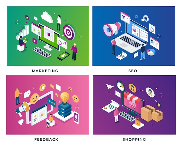 Marketing Seo Feedback Shopping isometric illustration design