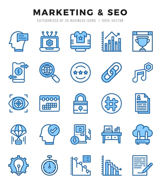 Vector marketing seo icons pack two color icons set marketing seo collection set