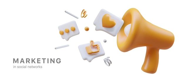 marketing in social networks loud distribution of news and information 3d image with shadows likes comments user reactions advertising of goods and services