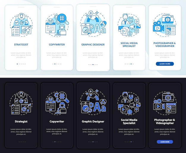 Marketing specialists night and day mode onboarding mobile app screen