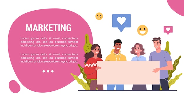 Vector marketing strategie webbanner concept. reclame- en marketingconcept. communicatie met klant. seo en communicatie via media. advertentie en banner voor sociale media. illustratie