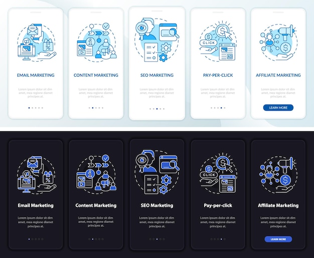 Marketing strategies night and day mode onboarding mobile app screen. Ads walkthrough 5 steps graphic instructions pages with linear concepts. UI, UX, GUI template. Myriad Pro-Bold, Regular fonts used