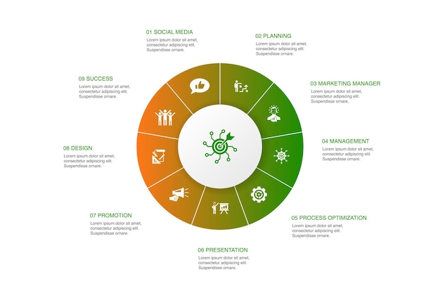 Marketing strategy infographic 10 steps circle design.planning, marketing manager, presentation, planning simple icons