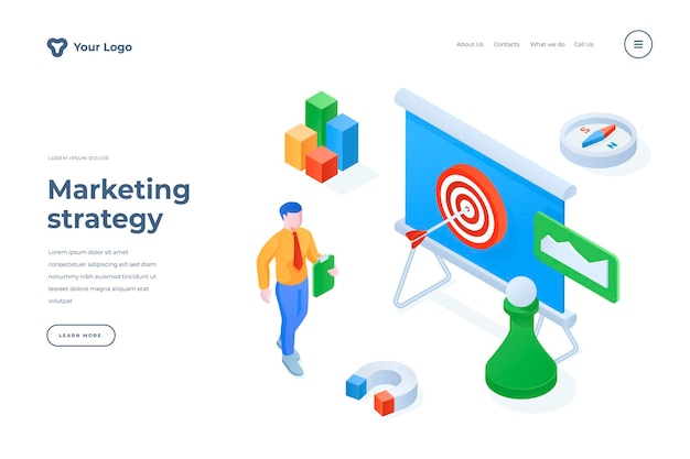 Vector marketing strategy isometric landing page template top manager cartoon character