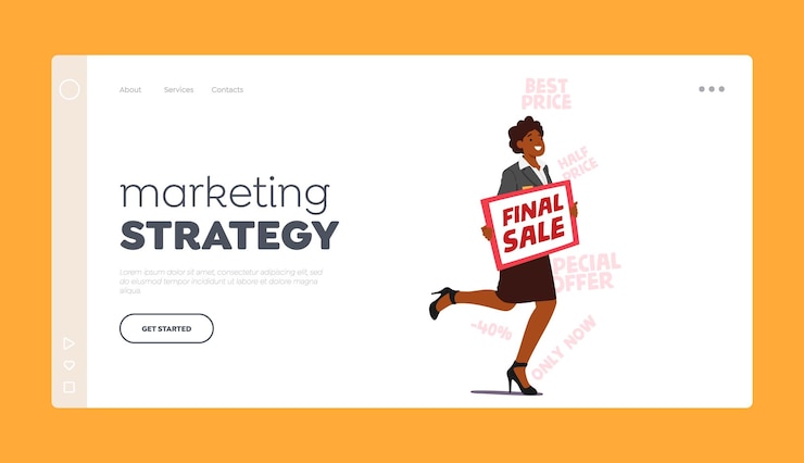 Vector marketing strategy landing page template forceful promoter female character run with banner promoting final sale