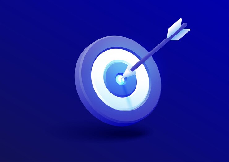 Vector marketing success banner, targeting the business. realistic 3d blue target and arrow in center.