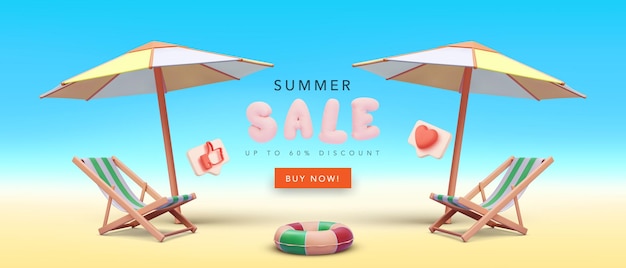 Vettore banner di vendita estiva di marketing in stile realistico con sedia da spiaggia ombrellone e icone sociali illustrazione vettoriale