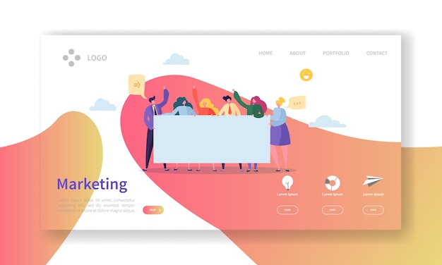 Marketing team landing page. team work concept with  business people characters working together website template.