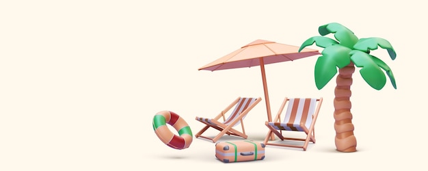 Marketing toerisme en reizen concept banner in realistische stijl met strandstoelen koffer paraplu palmboom reddingsboei Vector illustratie