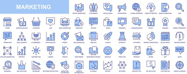Vector marketing web iconen ingesteld in duotone outline stroke design pack pictogrammen met reclame wereldwijde business seo shopping review winst ranking marktonderzoek inkomsten vector illustratie
