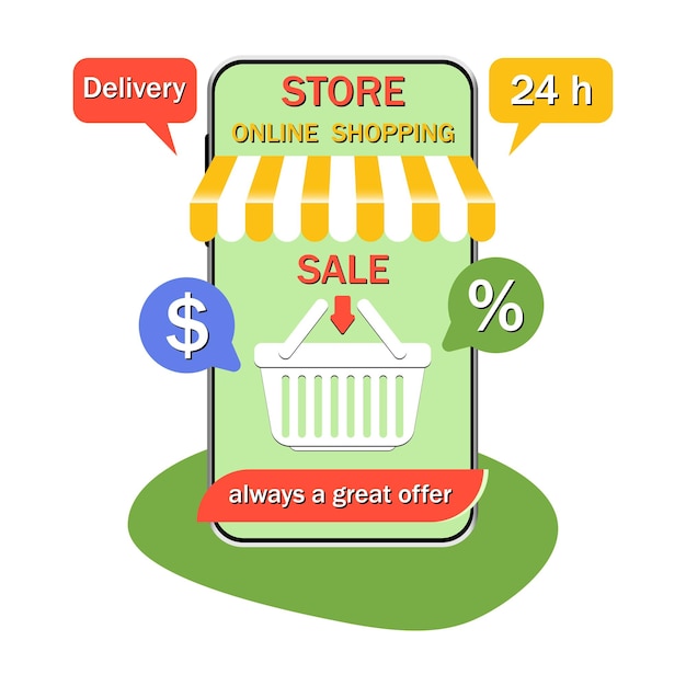Marketingconcept voor online winkelen met geweldige deals 24 uur per dag levering