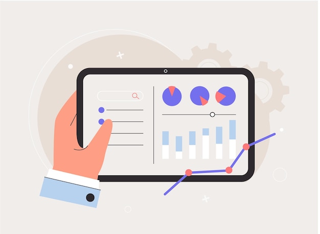 Marketingindustrie, bedrijfsanalyseconcept. Hand houdt tablet vast. Ontwerp infographi project, statistieken, diagram in scherm. Vlakke stijl vectorillustratie.