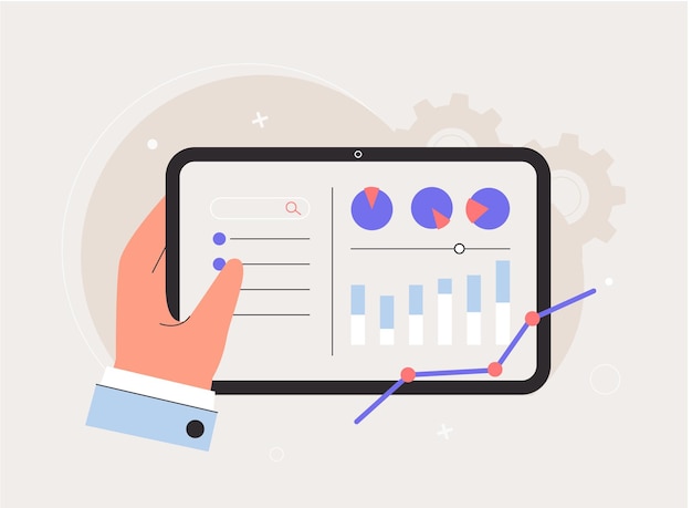 Marketingindustrie, bedrijfsanalyseconcept. hand houdt tablet vast. ontwerp infographi project, statistieken, diagram in scherm. vlakke stijl vectorillustratie.