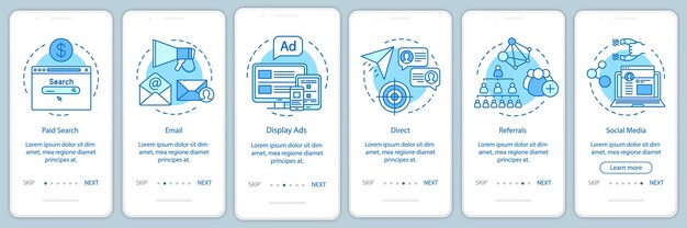 Marketingkanalen blauwe onboarding mobiele app-paginascherm vectorsjabloon. manieren van klantattractie doorloop websitestappen met lineaire illustraties. ux, ui, gui smartphone-interfaceconcept