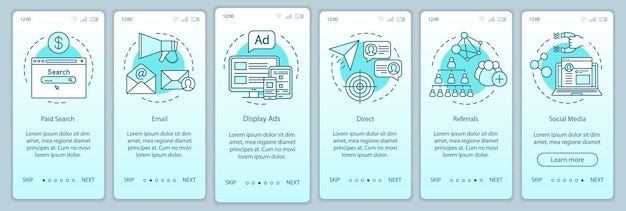 Marketingkanalen turquoise gradiënt onboarding mobiele app paginascherm vectorsjabloon