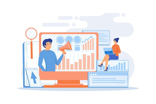 Marketingstrategen en contentspecialist met megafoon en digitale apparaten Digitale marketing