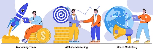 Marketingteam, affiliate marketing, macro marketingconcept met kleine mensen. Professionele marketeers service abstracte vector illustratie set. Reclamezaken, wereldwijde netwerkmetafoor.