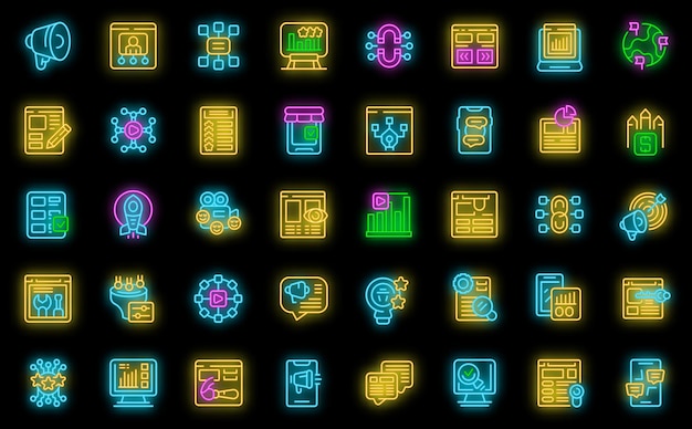 Marketingtools iconen set outline vector Gebruiker media Digitale spel neon kleur op zwart