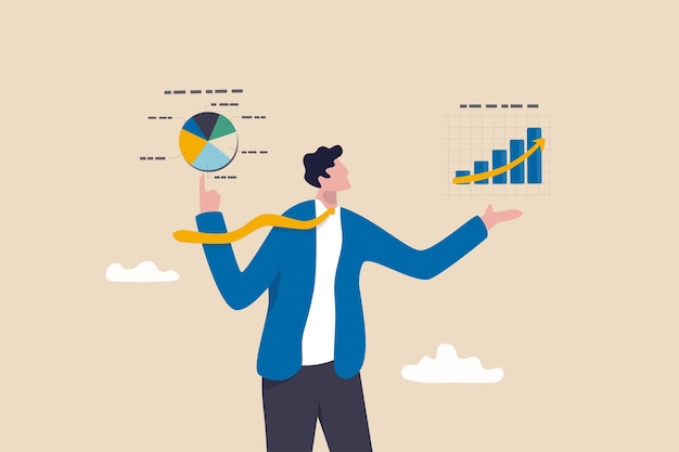 Marktanalyse of presentatie van economie en financiële statistieken, groeigegevensdiagram of bedrijfsplanconcept, slimme zakenman presenteert virtuele analysegrafiek en grafiek oh zijn beide handen.