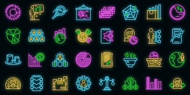 Marktsegmentatie pictogrammen instellen. overzicht set van marktsegmentatie vector iconen neon kleur op zwart