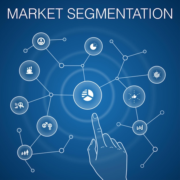 Marktsegmentatieconcept, blauwe achtergrond.demografie, segment, benchmarking, pictogrammen voor leeftijdsgroepen