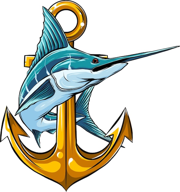 Marlin fish with anchor on white background