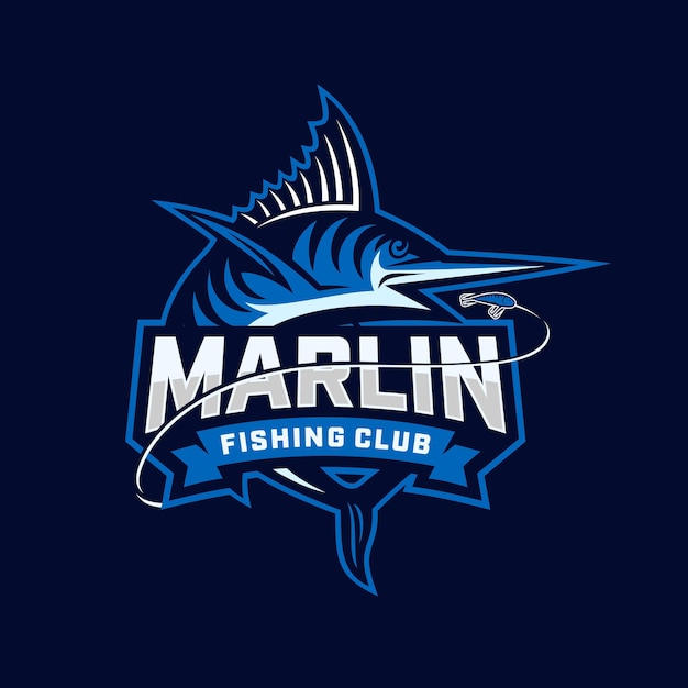 Marlin fishing club-logo. unieke en frisse blauwe marlijn vector & logo sjabloon.