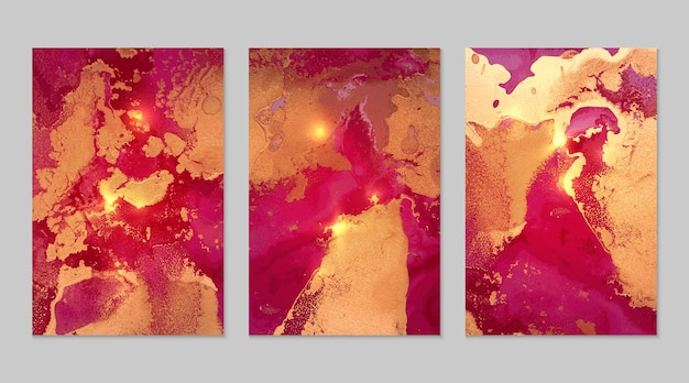 Marmeren set van magenta en gouden abstracte achtergronden met glitter in alcoholinkttechniek