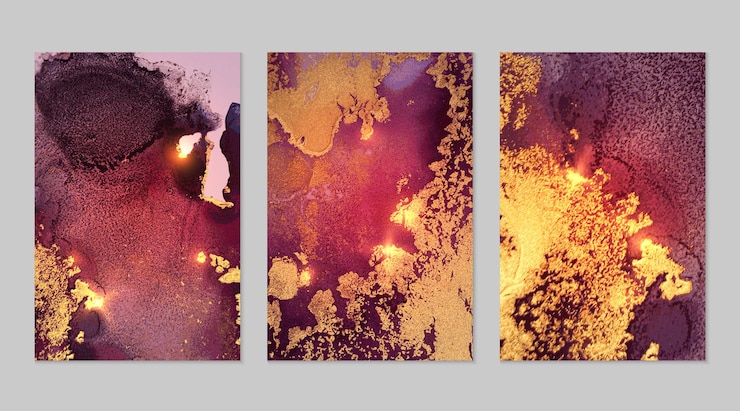 Vector marmeren set van paarse en gouden abstracte achtergronden met glitter in alcoholinkttechniek