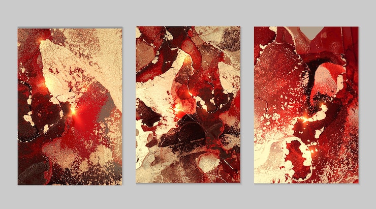 Vector marmeren set van rode, zwarte en gouden abstracte achtergronden met glitter in alcoholinkttechniek